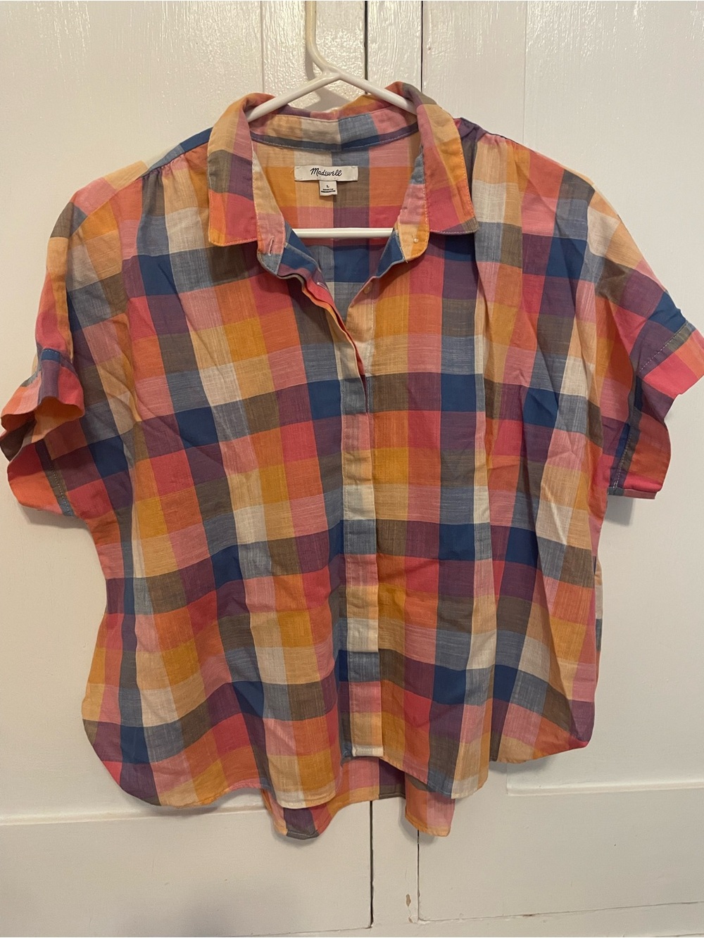 Madewell Plaid Button-Up Shirt in Pink, Orange & Blue - Picture 3 of 5